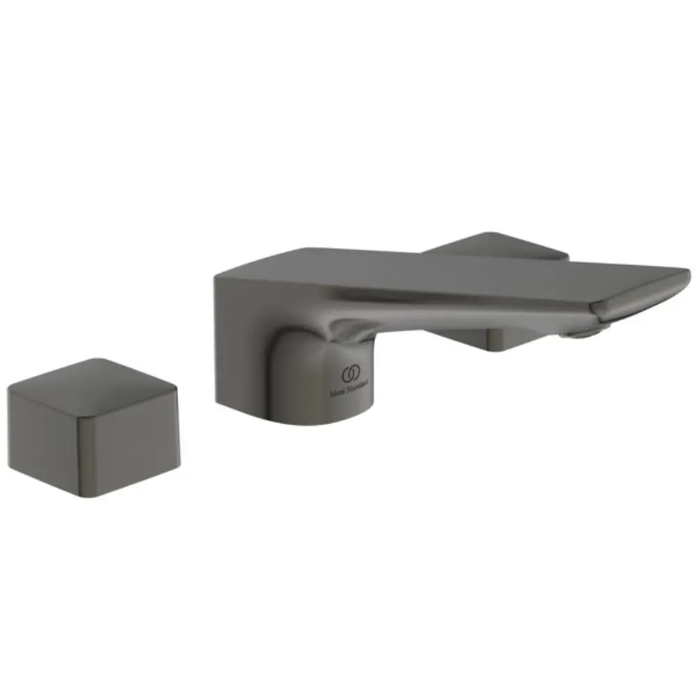Waschtischarmatur in Magnetic Grey mit zwei separaten Bedienelementen, gefertigt von Ideal Standard. Schlichte, moderne Form mit rechteckigen Elementen.